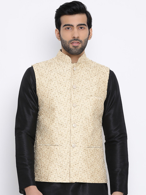 

NAMASKAR Men Beige Embroidered Pure Silk Nehru Jacket