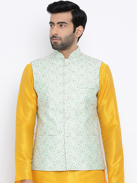 

NAMASKAR Men Sea-Green & Gold-Coloured Embroidered Woven Nehru Jacket