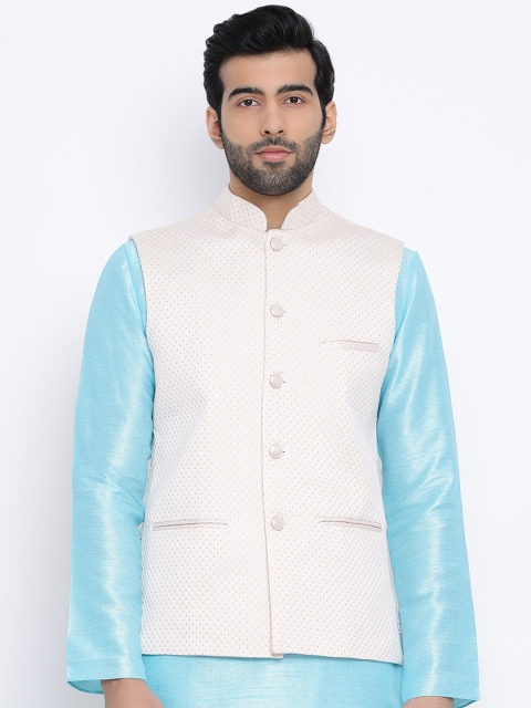 

NAMASKAR Men Off-White Solid Woven Design Nehru Jacket