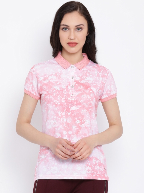 

Monte Carlo Women Pink & White Floral Printed Polo Collar T-shirt