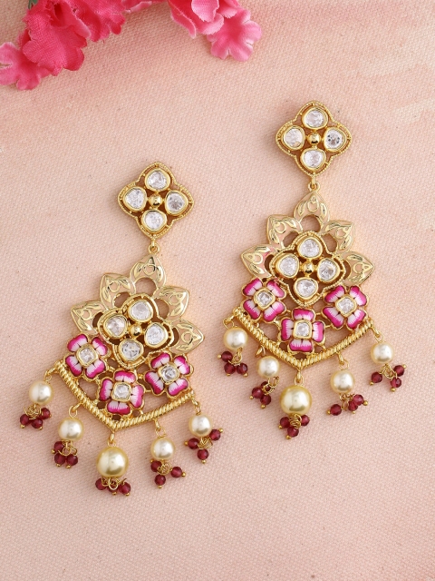 

Imittire Gold-Toned & Pink Meenakari Classic Drop Earrings