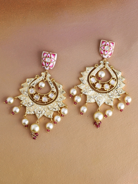 

Imittire Gold-Toned Crescent Shaped Meenakari Drop Earrings