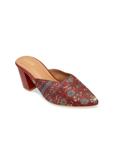 

Jivaana Women Maroon Printed Leather Mules