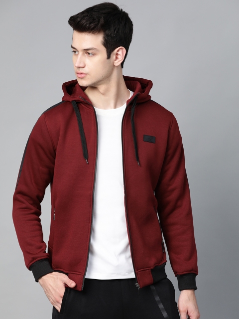 Men Maroon Solid Hooded Sweatshirt