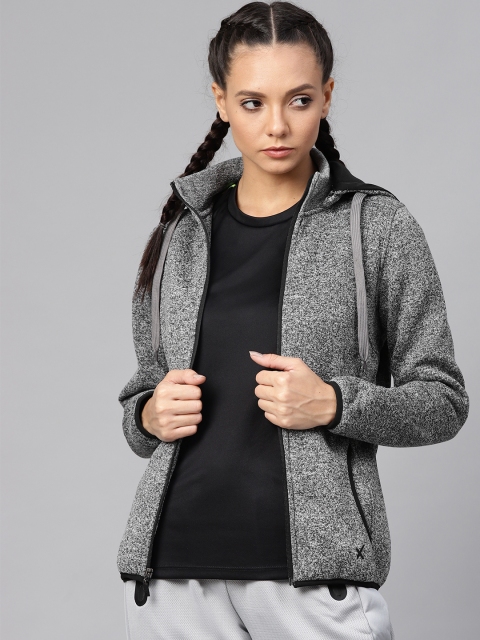 

HRX by Hrithik Roshan Women Grey Melange Self Design Hooded Sweatshirt