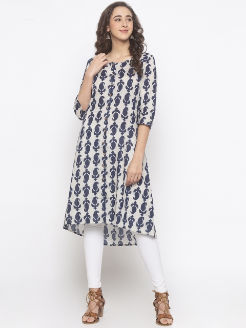 

Globus Women Cream-Coloured & Navy Blue Printed A-Line Kurta