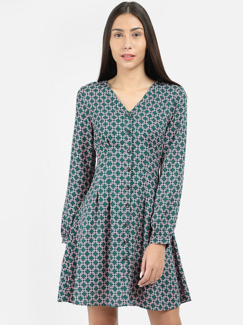 

COVER STORY Women Green & Pink Printed A-Line Dress