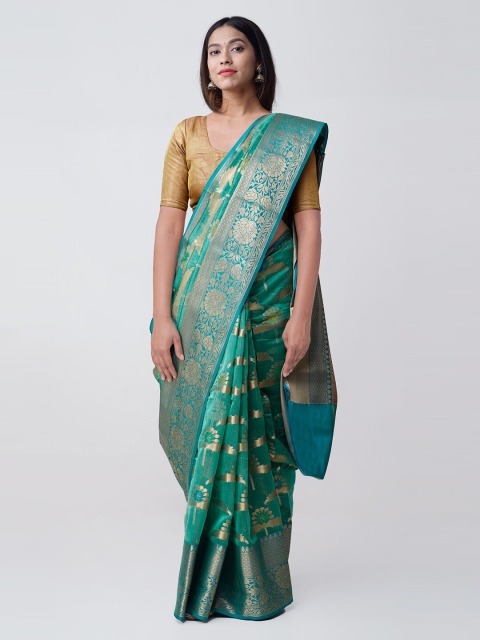 

Unnati Silks Sea Green & Gold-Coloured Silk Cotton Woven Design Banarasi Handloom Saree