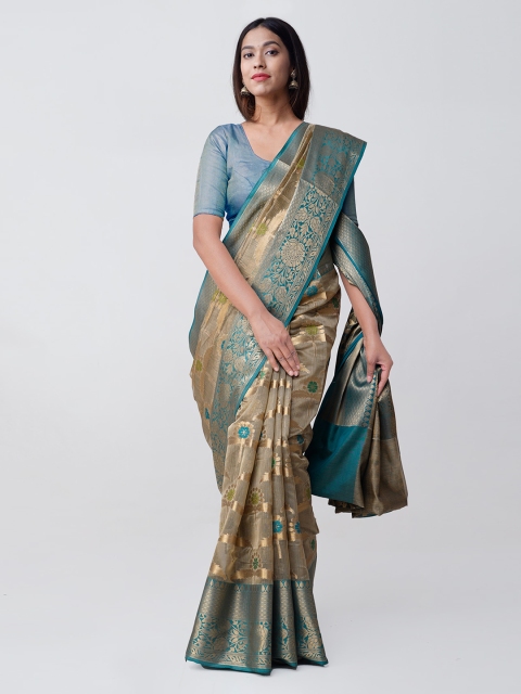 

Unnati Silks Grey & Gold-Coloured Silk Cotton Woven Design Zari Banarasi Saree