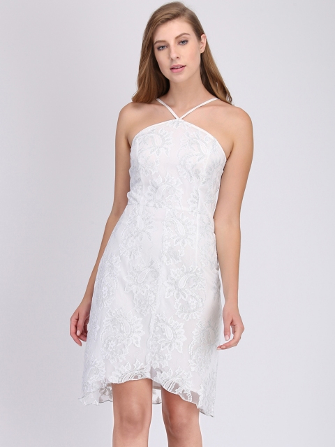 

Heather Hues Women White Self Design Fit and Flare Dress