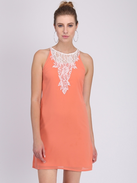

Heather Hues Women Orange Solid A-Line Dress with Lace Insert Detail