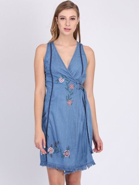 

Heather Hues Women Blue Solid Wrap Dress with Embroidered Detail