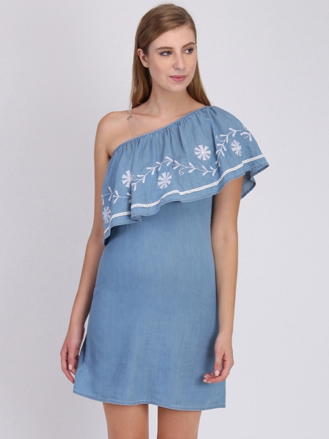 

Heather Hues Women Blue Printed One-Shoulder A-Line Dress