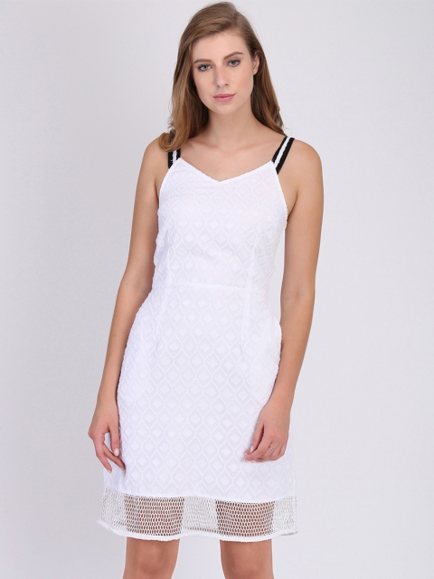 

Heather Hues Women White Self Design Fit and Flare Dress
