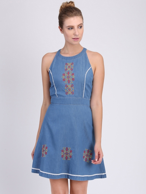 

Heather Hues Women Blue Embroidered Fit and Flare Chambray Dress