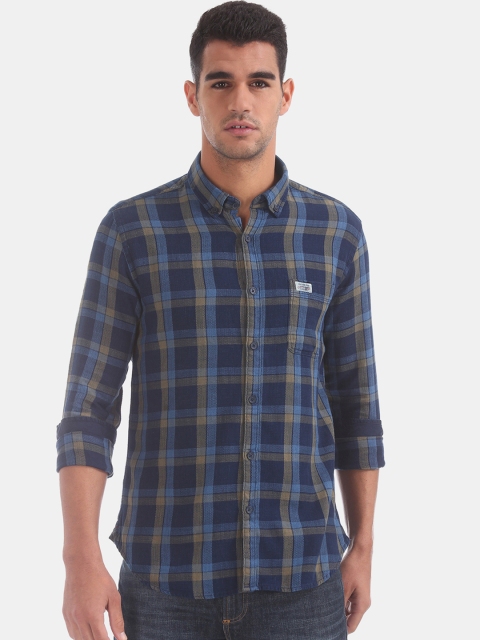 

U.S. Polo Assn. Men Navy Blue & Olive Green Slim Fit Checked Casual Shirt