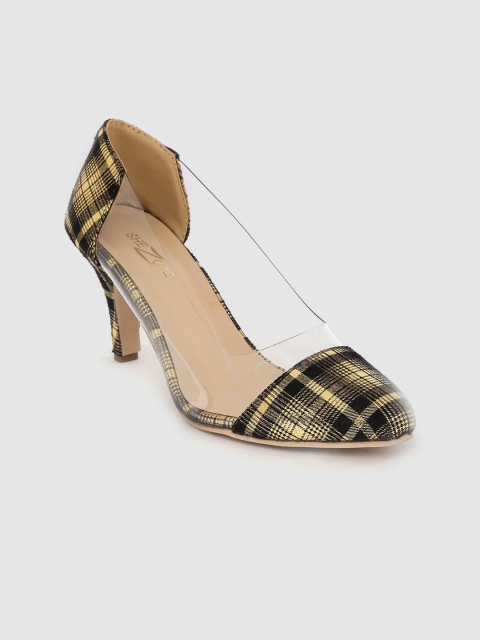 

Shezone Women Black & Gold-Toned Checked Pumps