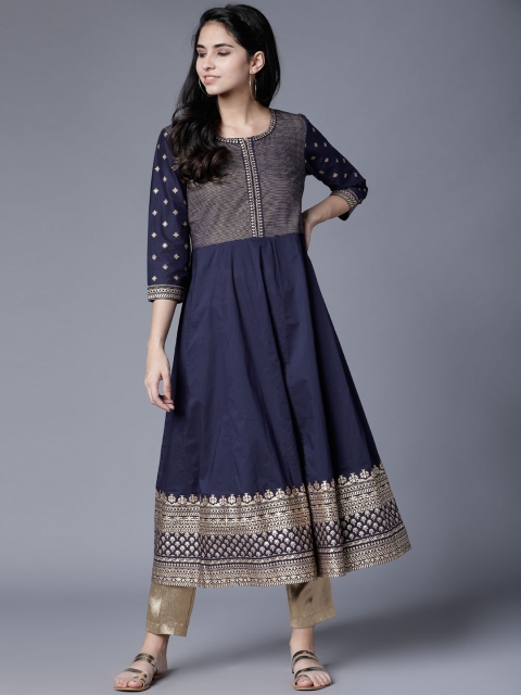 

Folklore Women Navy Blue & Gold-Toned Printed A-Line Kurta