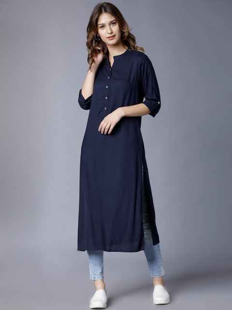 

Folklore Women Navy Blue Solid Straight Kurta