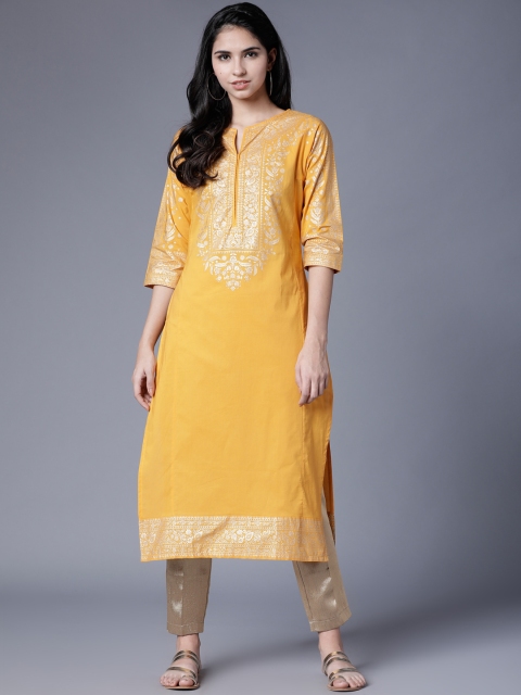 

Folklore Women Mustard Yellow & Gold-Coloured Printed Straight Kurta