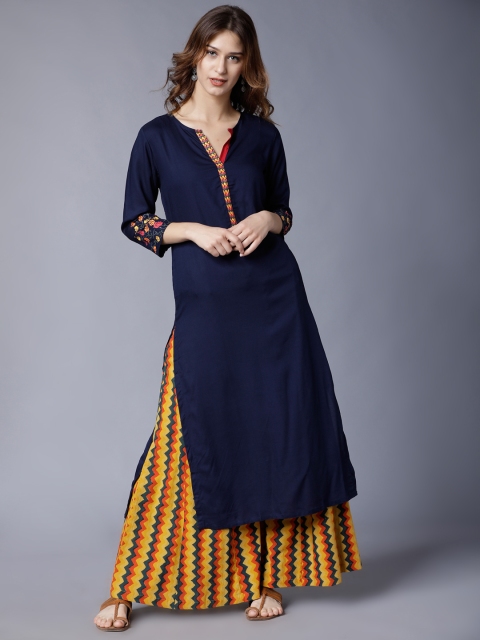 

Folklore Women Navy Blue Solid Straight Kurta