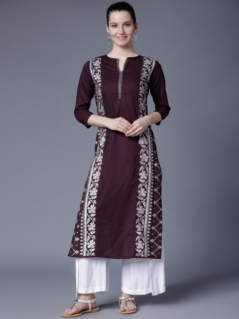 

Folklore Women Burgundy & Silver-Toned Printed Straight Kurta