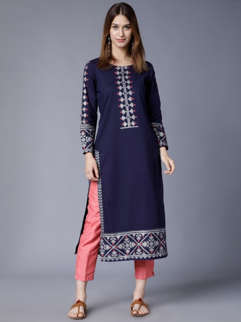 

Folklore Women Navy Blue Printed Straight Kurta