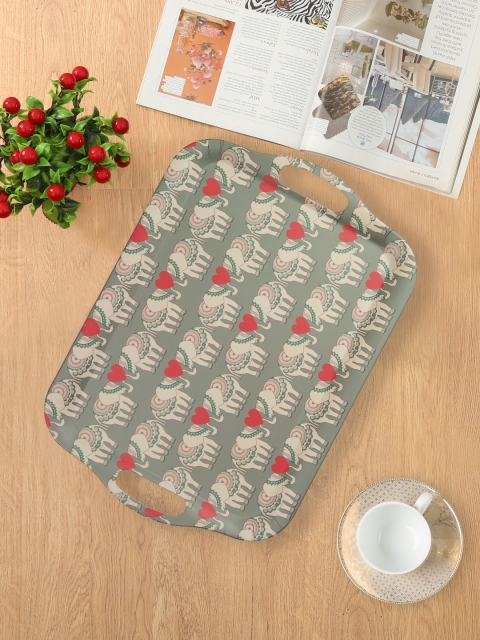 

India Circus by Krsnaa Mehta Green & Beige Printed Heart Tusker Medium Bamboo Serving Tray, Cream