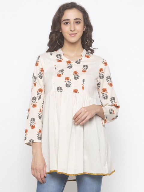 

Globus Women Off-White & Orange Printed Pure Cotton Anarkali Kurti