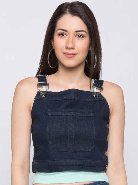 

Globus Women Navy Blue Solid Denim Pure Cotton Top With Strap