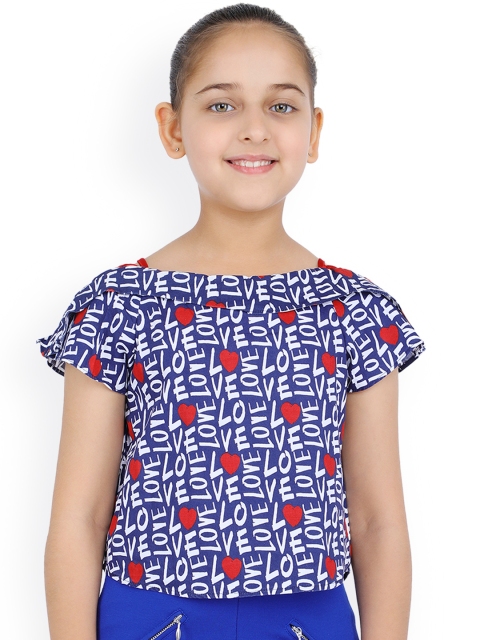 

One Friday Girls Navy Blue & White Printed Top