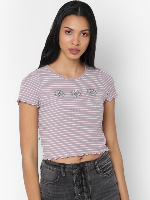 

AMERICAN EAGLE OUTFITTERS Women Purple Striped Round Neck T-shirt