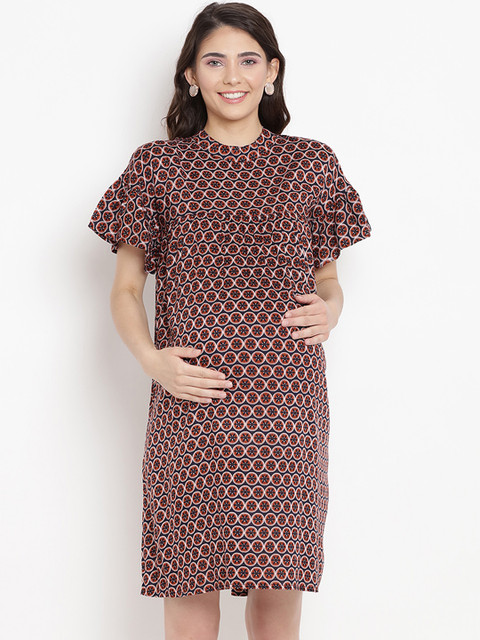 

Mine4Nine Women Brown Printed A-Line Maternity Dress