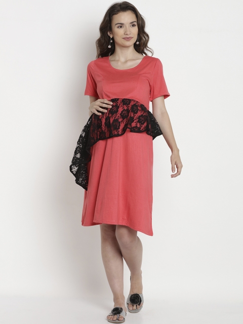 

Mine4Nine Women Peach-Coloured Solid Lace Detailed Maternity Fit and Flare Dress
