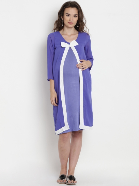 

Mine4Nine Women Blue Colourblocked A-Line Maternity Dress