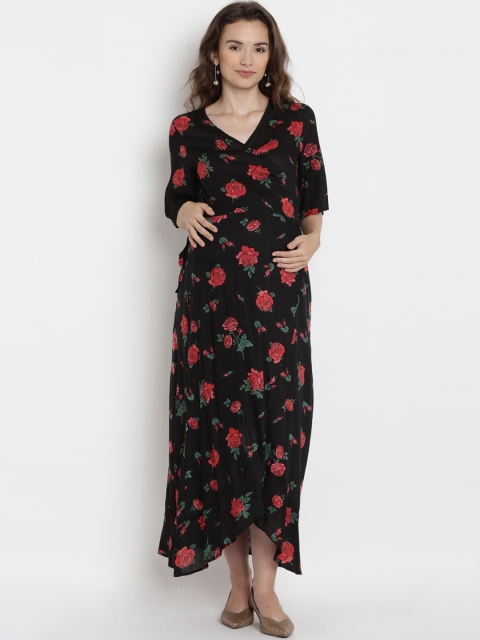 

Mine4Nine Women Black & Red Printed Maternity Wrap Dress
