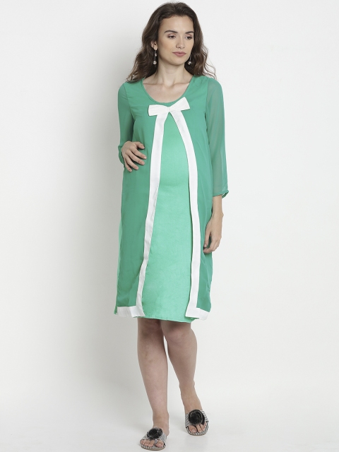 

Mine4Nine Women Green Colourblocked A-Line Dress