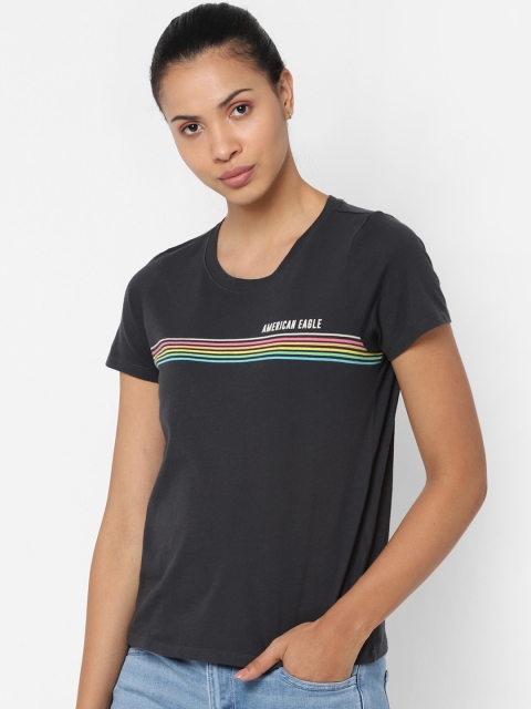 

AMERICAN EAGLE OUTFITTERS Women Black Striped Round Neck T-shirt