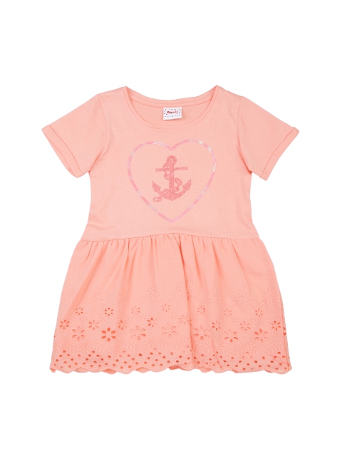 

Donuts Girls Peach-Coloured Schiffli Gathered Fit and Flare Dress