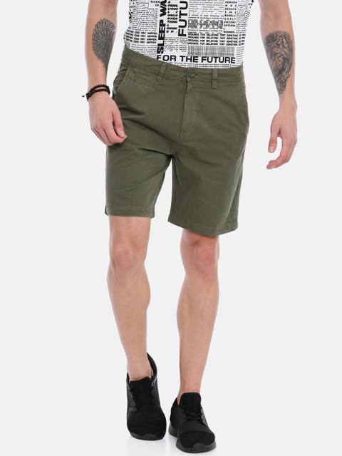 

Breakbounce Men Olive Green Solid Slim Fit Low-Rise Regular Shorts
