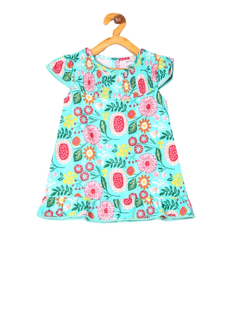 

Donuts Girls Green and Pink Floral Printed and Smocked A-Line Dress