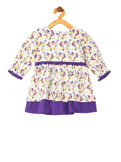 

Donuts Girls Off-White and Purple Floral Printed Fit and Flare Dress with Ruffles