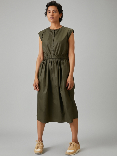 

Bhaane Women Olive Green Solid Fit and Flare Dress with Gathered Detail