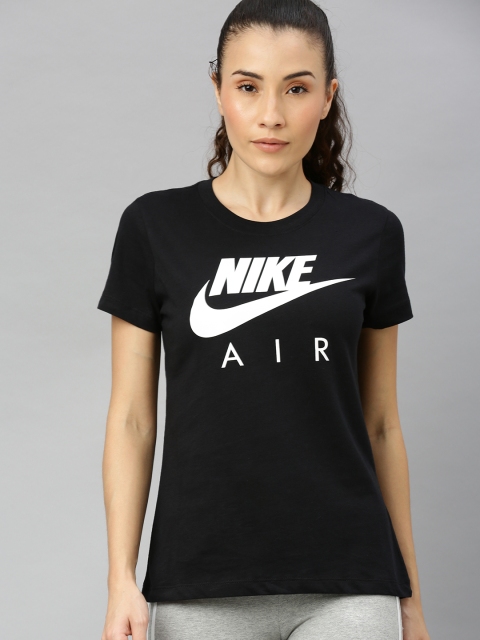 

Nike Women Black Printed AIR CREW FS Round Neck Pure Cotton T-shirt
