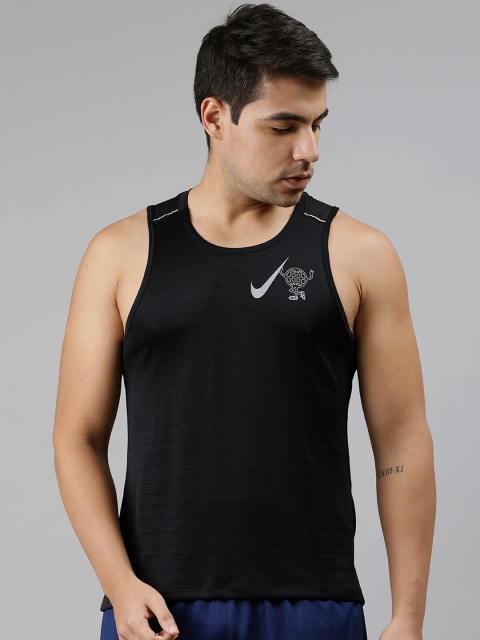 

Nike Men Black Standard Fit Printed Dri-Fit MILER TANK Round Neck Running T-shirt
