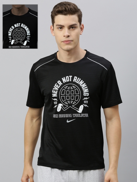 

Nike Men Black Printed NK MILER Dti-FIT Round Neck Glow In The Dark Running T-shirt