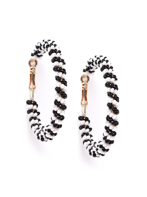 

Blueberry Black & White Gold-Plated Handcrafted Beaded Circular Hoop Earrings