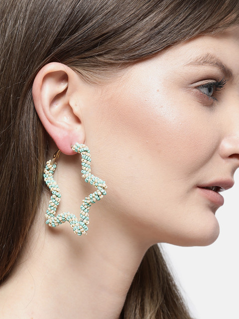 

Blueberry Sea & Off-White Gold-Plated Beaded Handcrafted Star-Shaped Hoop Earrings, Sea green