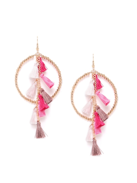 

Blueberry Pink & Brown Gold-Plated Tasselled Handcrafted Circular Drop Earrings