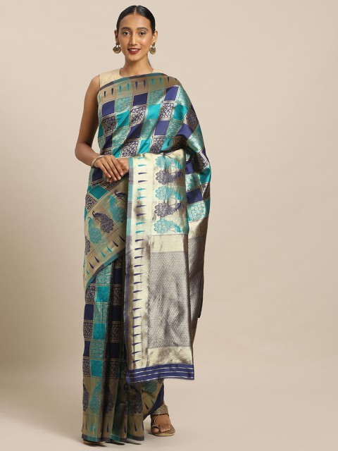 

Mirchi Fashion Teal Green & Blue Silk Blend Woven Design Kanjeevaram Saree
